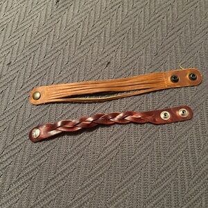 Set of Two Leather Snap Bracelets - Tan and Dark Brown